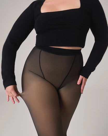 LuxeVeil Thermal Sheer Illusion Fleece-Lined Tights